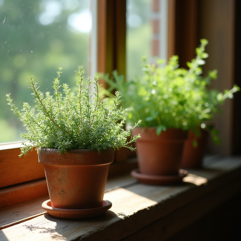Tymián a oregano na parapetu natočené listy směrem k oknu